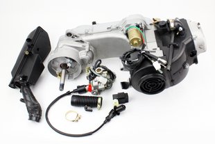 Фото товара – Двигатель скутерный в сборе 4Т-80куб (длинный вариатор, длинный вал) + карбюратор, коммутатор, катушка зажигания, фильтр воздушный