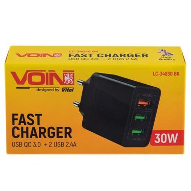 Фото товара – Сетевое зарядное устройство для VOIN 30W, 3 USB, QC3.0 (Port 1-5V*3A/9V*2A/12V*1.5A. Port 2/3-5V2.4A)