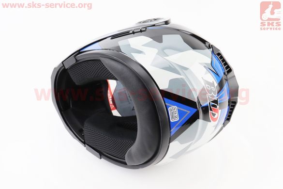 Фото товара – Шлем модуляр, закрытый с откидным подбородком+откидные очки BLD-159 S (55-56см), ЧЁРНЫЙ глянец с сине-серым рисунком