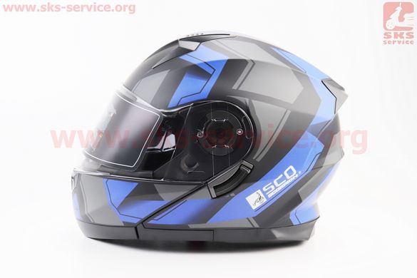 Фото товара – Шлем закрытый с откидным подбородком (сертификации DOT / ECE) + откидные очки SCO-162 М (57-58см), ЧЕРНЫЙ матовый с сине-серым рисунком