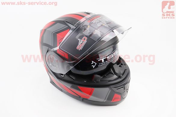 Фото товара – Шлем закрытый с откидным подбородком (сертификации DOT / ECE) + откидные очки SCO-162 М (57-58см), ЧЕРНЫЙ матовый с красно-серым рисунком