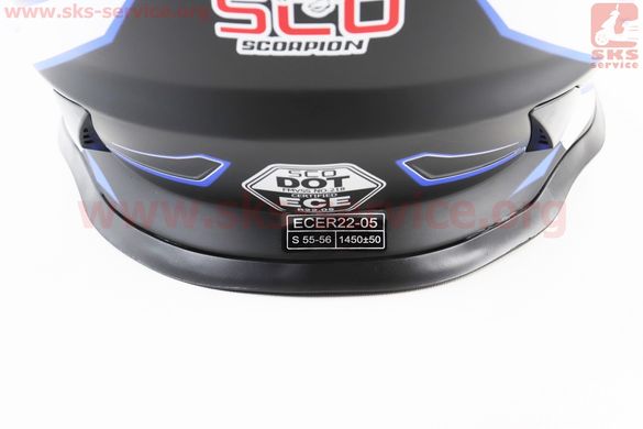 Фото товара – Шлем кроссовый/эндуро/АТV со стеклом (сертификации DOT/ECE) SCO-819-7 S (55-56см), ЧЁРНЫЙ матовый с сине-бело-серым рисунком